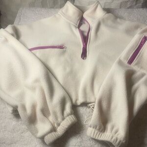Forever 21 (Med) Cropped White Fleece 3 Purple Zippers & Pull Waist Tie Jacket